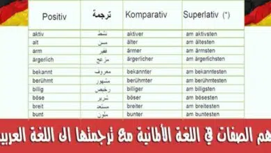 اهم الصفات في اللغة الألمانية مع ترجمتها الى اللغة العربية